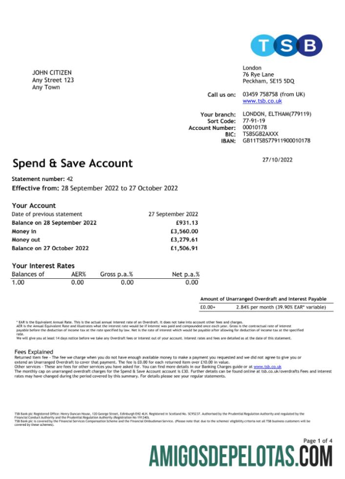 Extrato bancário TBS do Reino Unido para impressão, modelo Excel e PDF, 4 páginas 1